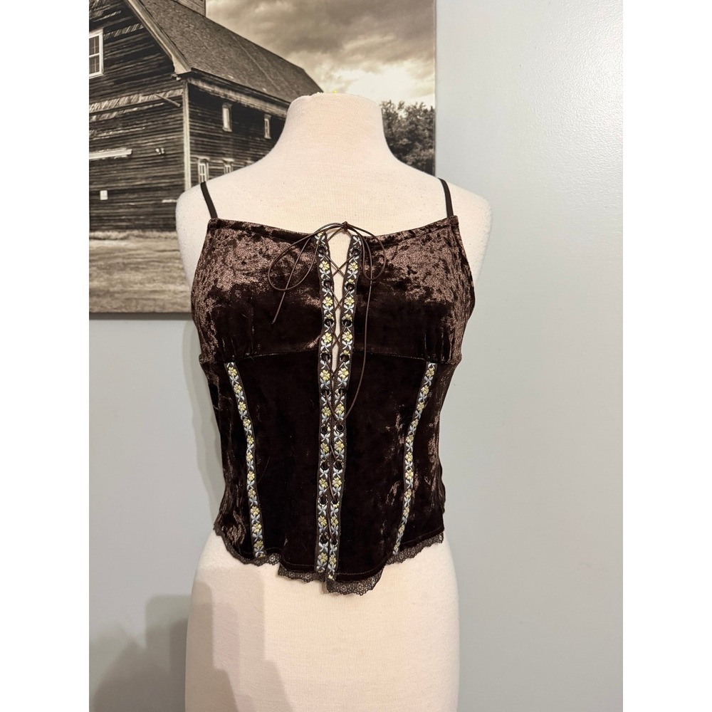 Tunnel Vision Ria corseted floral trim lace front brown velvet top size large